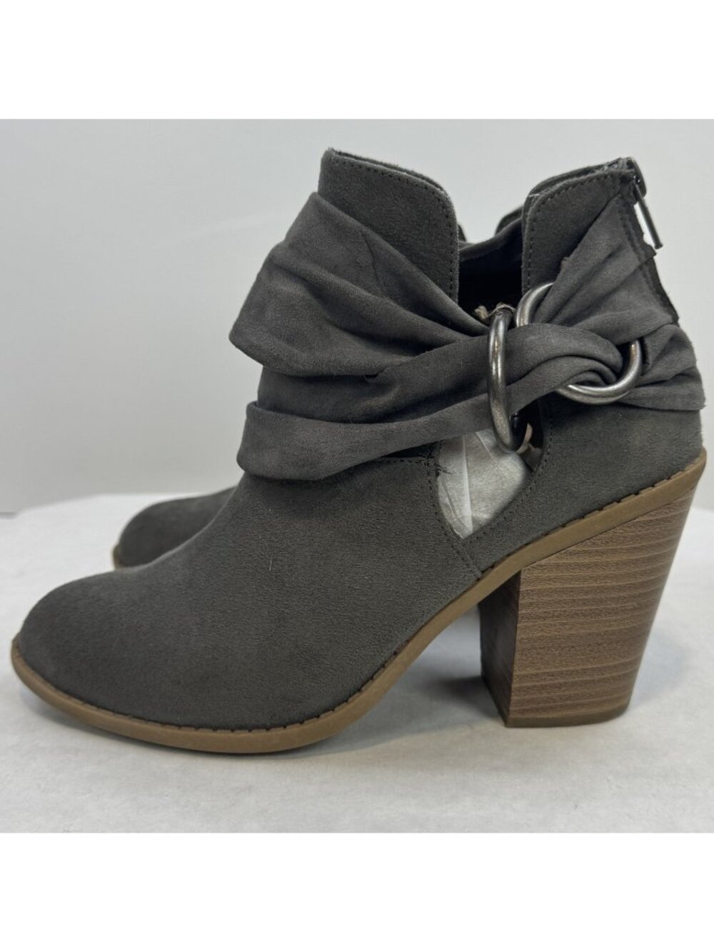 Rampage Vappy Ankle Bootie Womens Size 7M Grey Ruched Ring Chunky Suede Fabric
